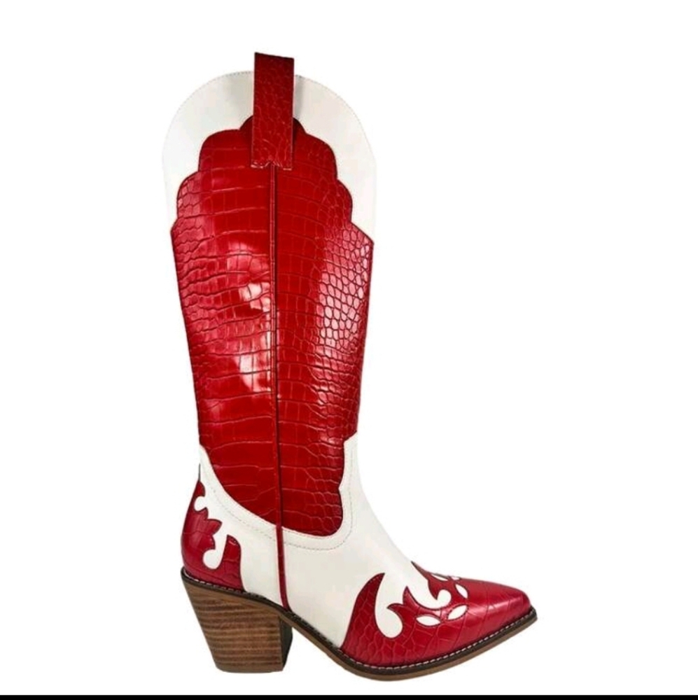 NEW WOMENS KNEE-HI EMBORDGED CROCO PRINTED STACKED HEEL POINTED TOE BOOTS - Picture 3 of 6